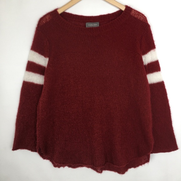 Wooden Ships Wool Blend Sweater Slouchy Mohair Varsity Strip on Sleeves Burgundy - Picture 2 of 12